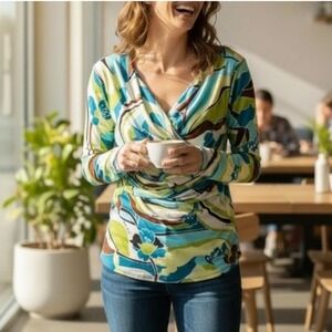 Eva Varro Long Sleeve Ruched V‎ Neck Abstract Artsy Floral Print Top Size XS/S